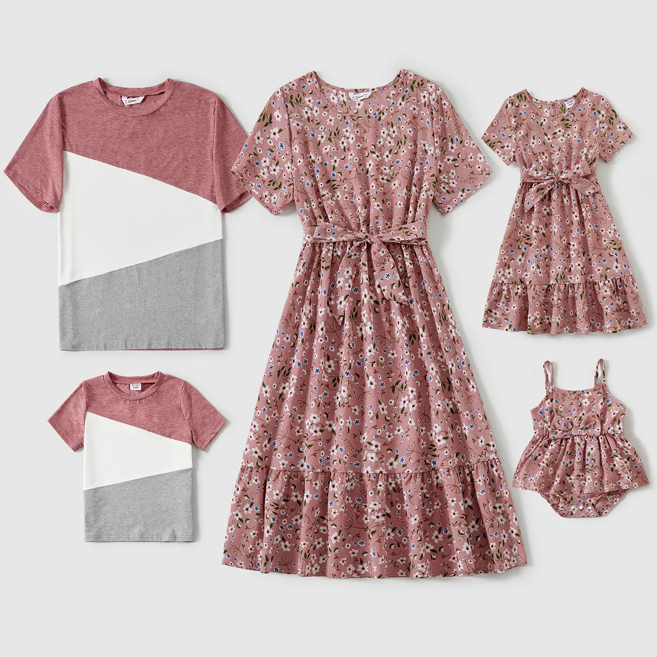 Family Matching Allover Floral Print Short-sleeve Belted Dresses and Colorblock T-shirts Sets Pink big image 1