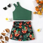 2pcs Kid Girl Ribbed One-Shoulder Top and Allover Flower Print Shorts Set Green
