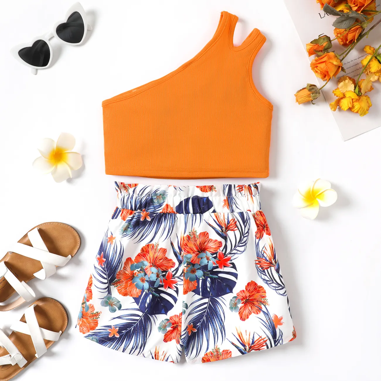 2pcs Kid Girl Ribbed One-Shoulder Top and Allover Flower Print Shorts Set Orange big image 1