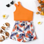 2pcs Kid Girl Ribbed One-Shoulder Top and Allover Flower Print Shorts Set Orange