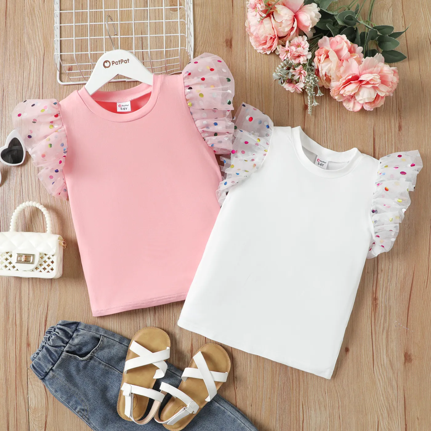 Kid Girl Polka Dots Pattern Mesh Ruffled Sleeve Tee White image 2