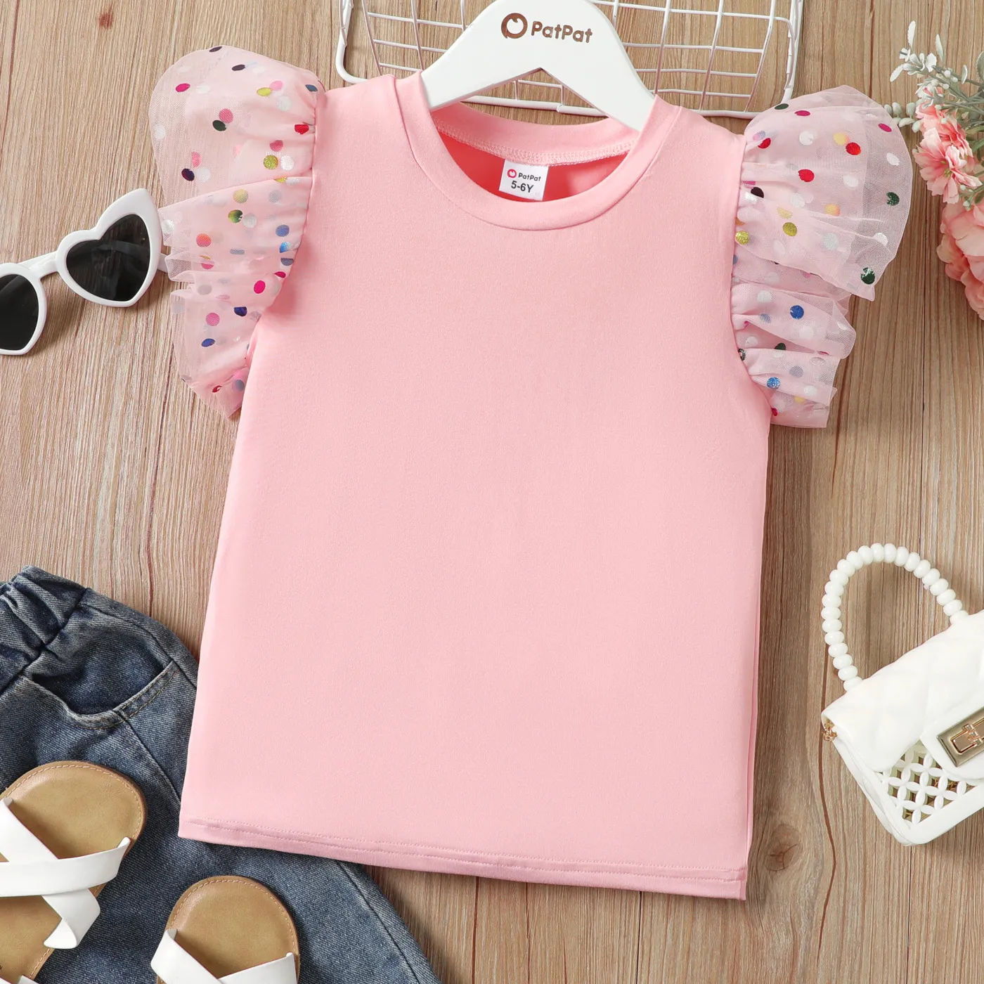 Kid Girl Polka Dots Pattern Mesh Ruffled Sleeve Tee Pink