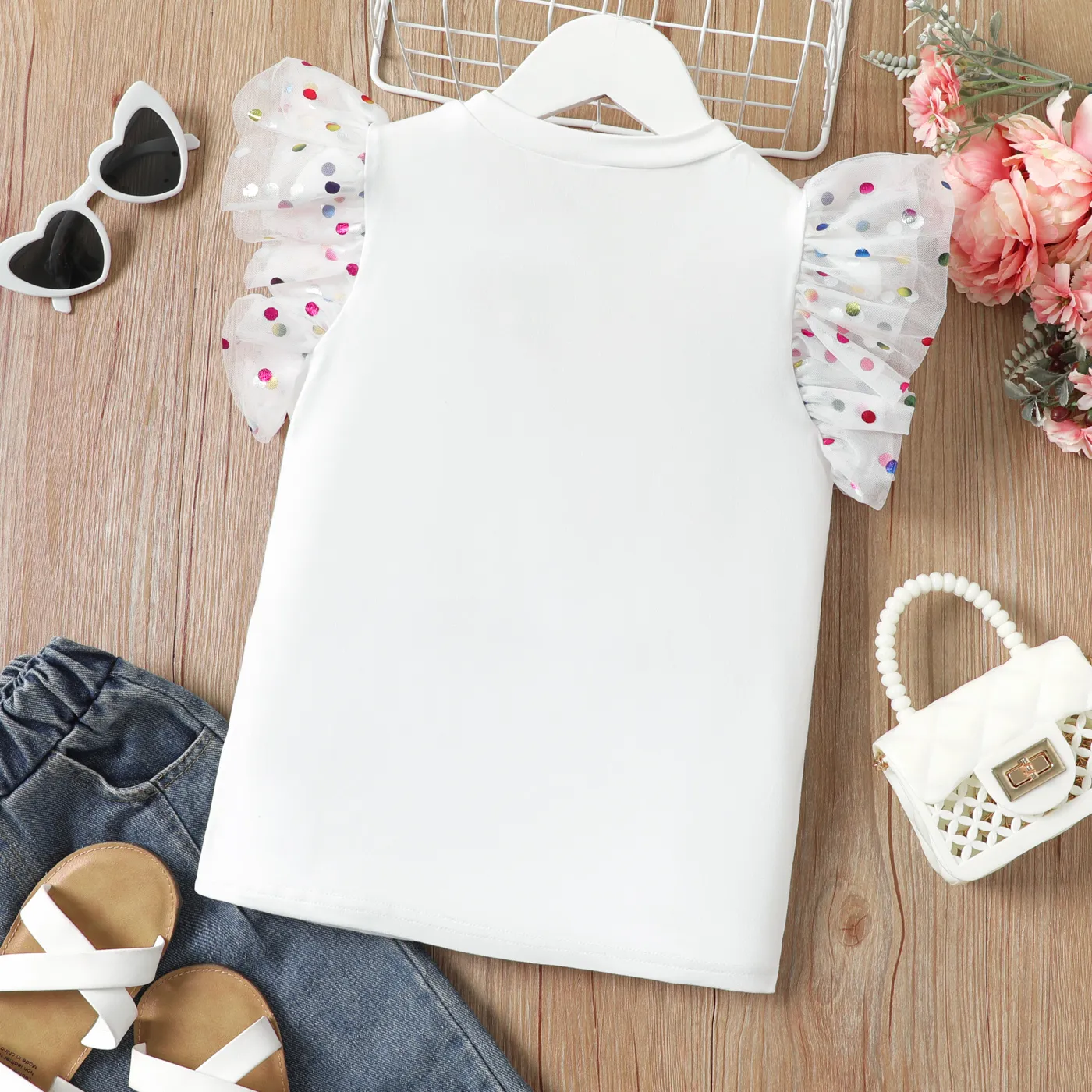 Kid Girl Polka Dots Pattern Mesh Ruffled Sleeve Tee White image 3