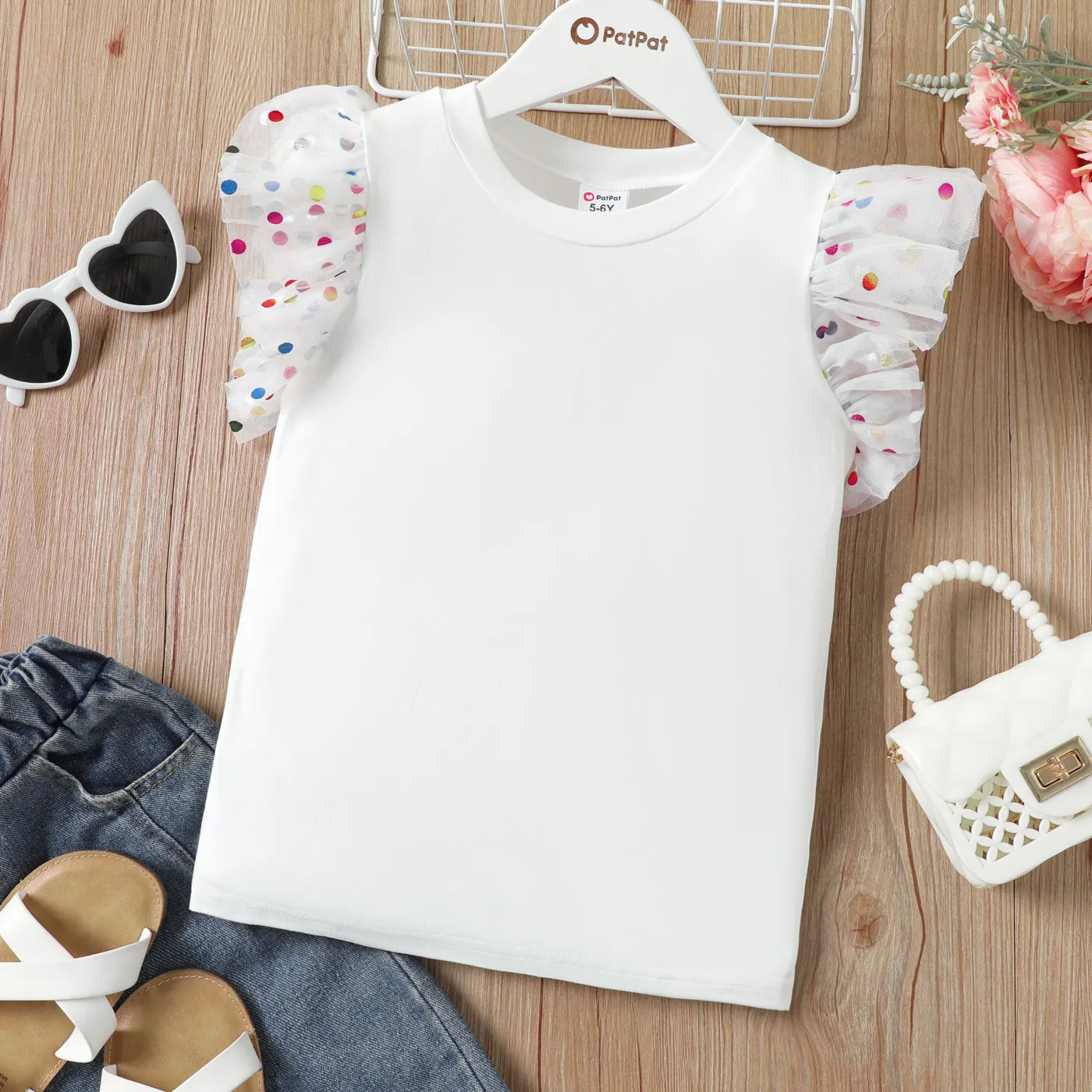Kid Girl Polka Dots Pattern Mesh Ruffled Sleeve Tee White big image 1