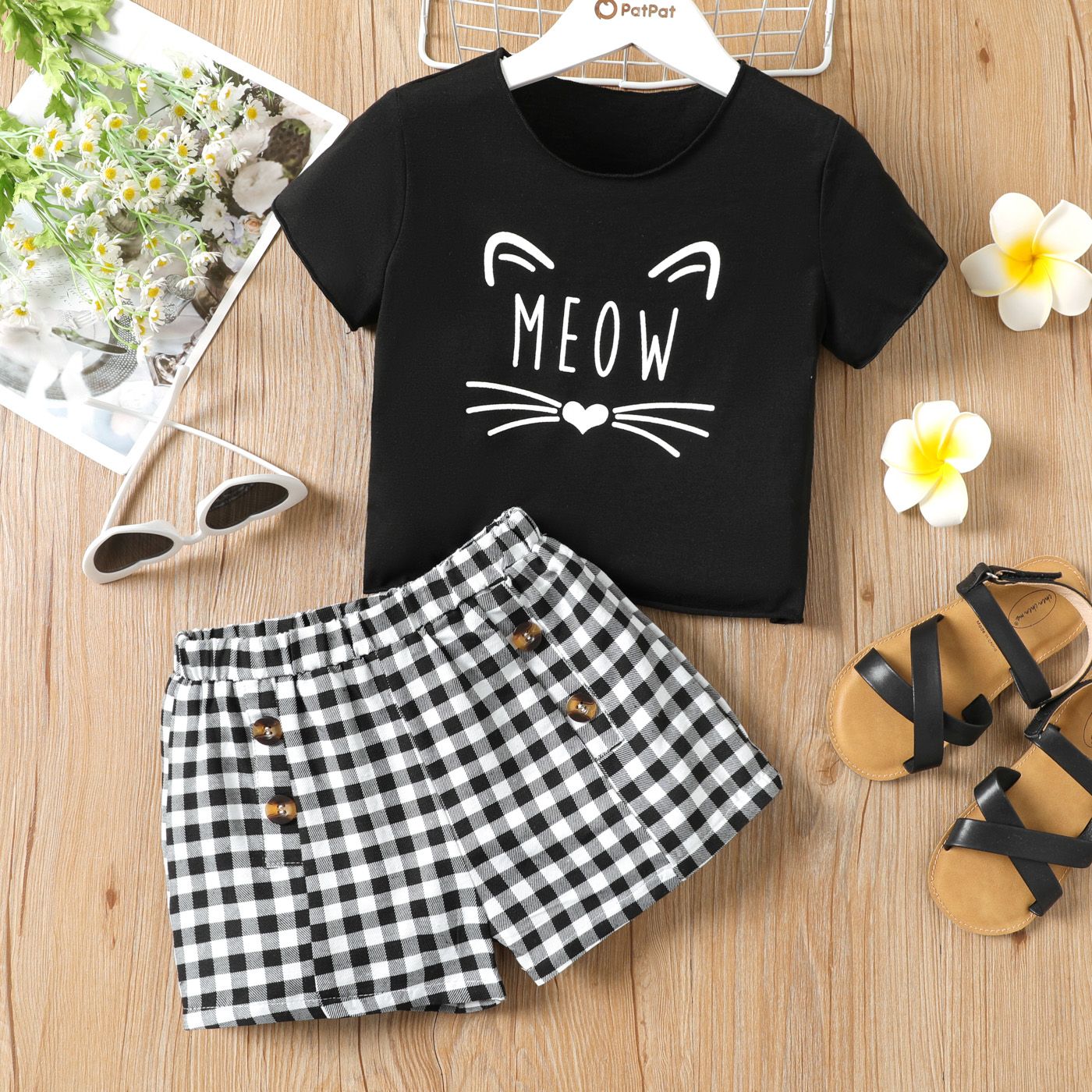 2pcs Kid Girl Cat Letter Print Short-sleeve Tee and 100% Cotton Plaid Shorts Set