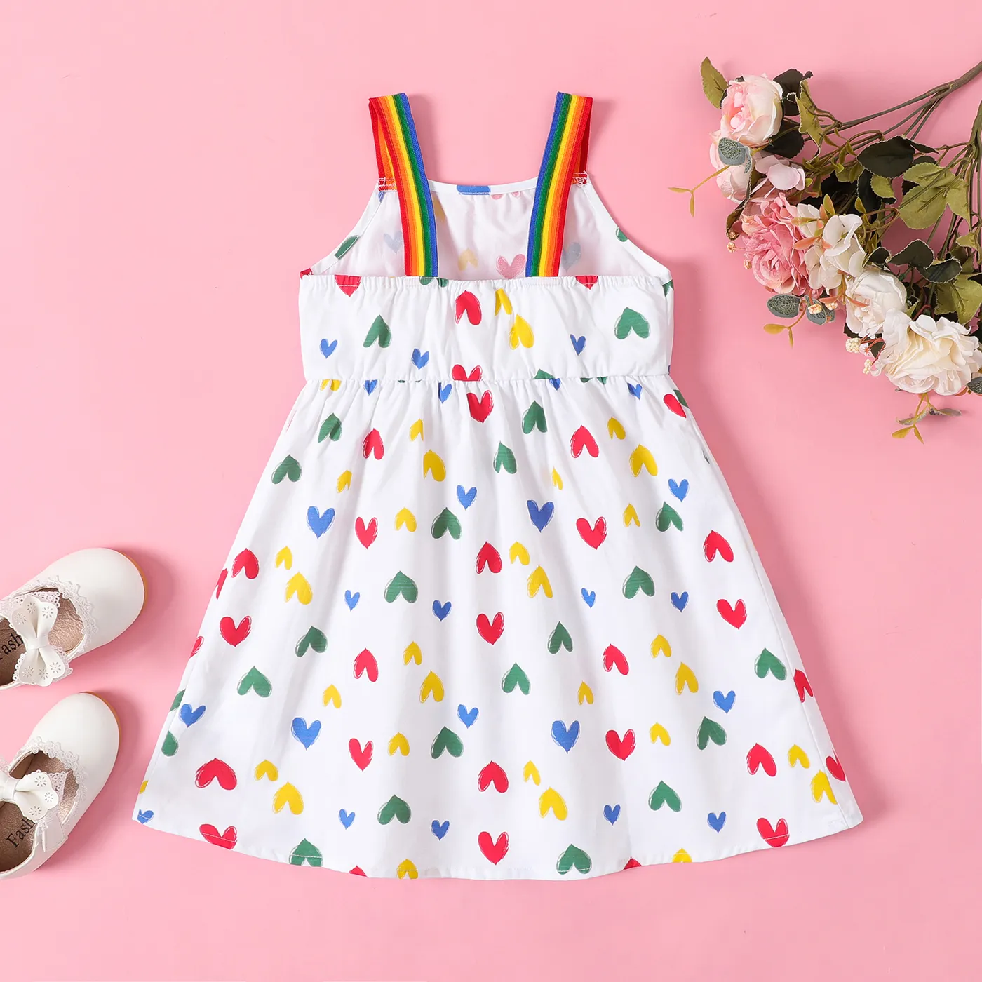 Toddler Girl 100% Cotton Allover Heart Print Rainbow Slip Dress White image 2
