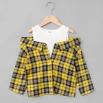 Kid Girl Plaid Button Up Cold Shoulder Blouse Yellow