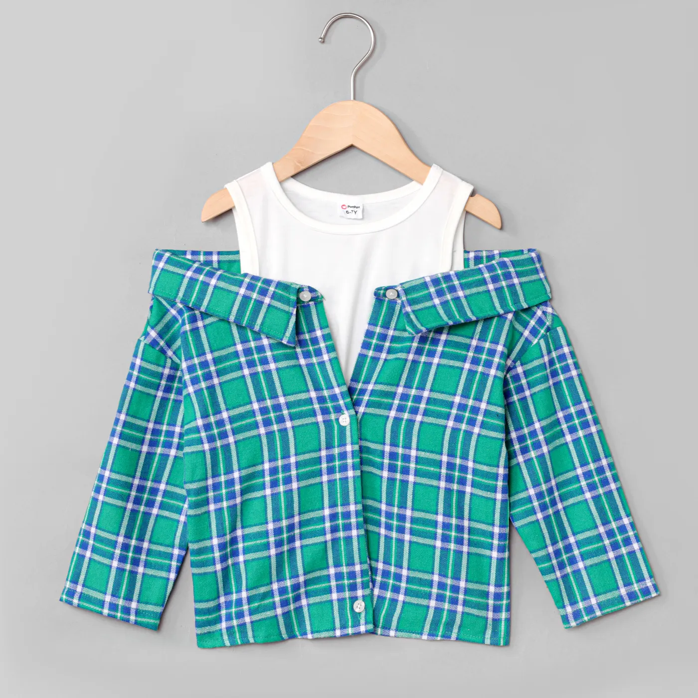 Kid Girl Plaid Button Up Cold Shoulder Blouse  big image 1