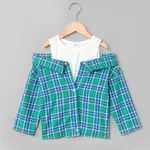 Kid Girl Plaid Button Up Cold Shoulder Blouse Green