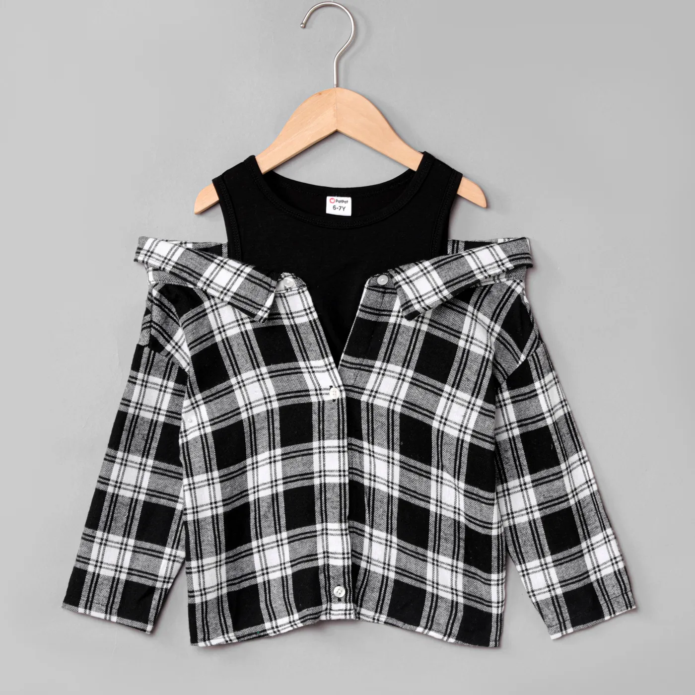 Kid Girl Plaid Button Up Cold Shoulder Blouse Black