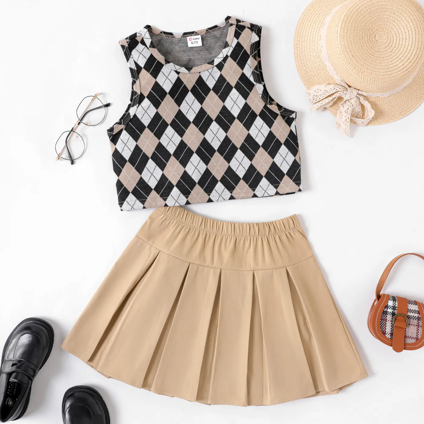 2pcs Kid Girl Argyle Pattern Tank Top And Pleated Skirt Set