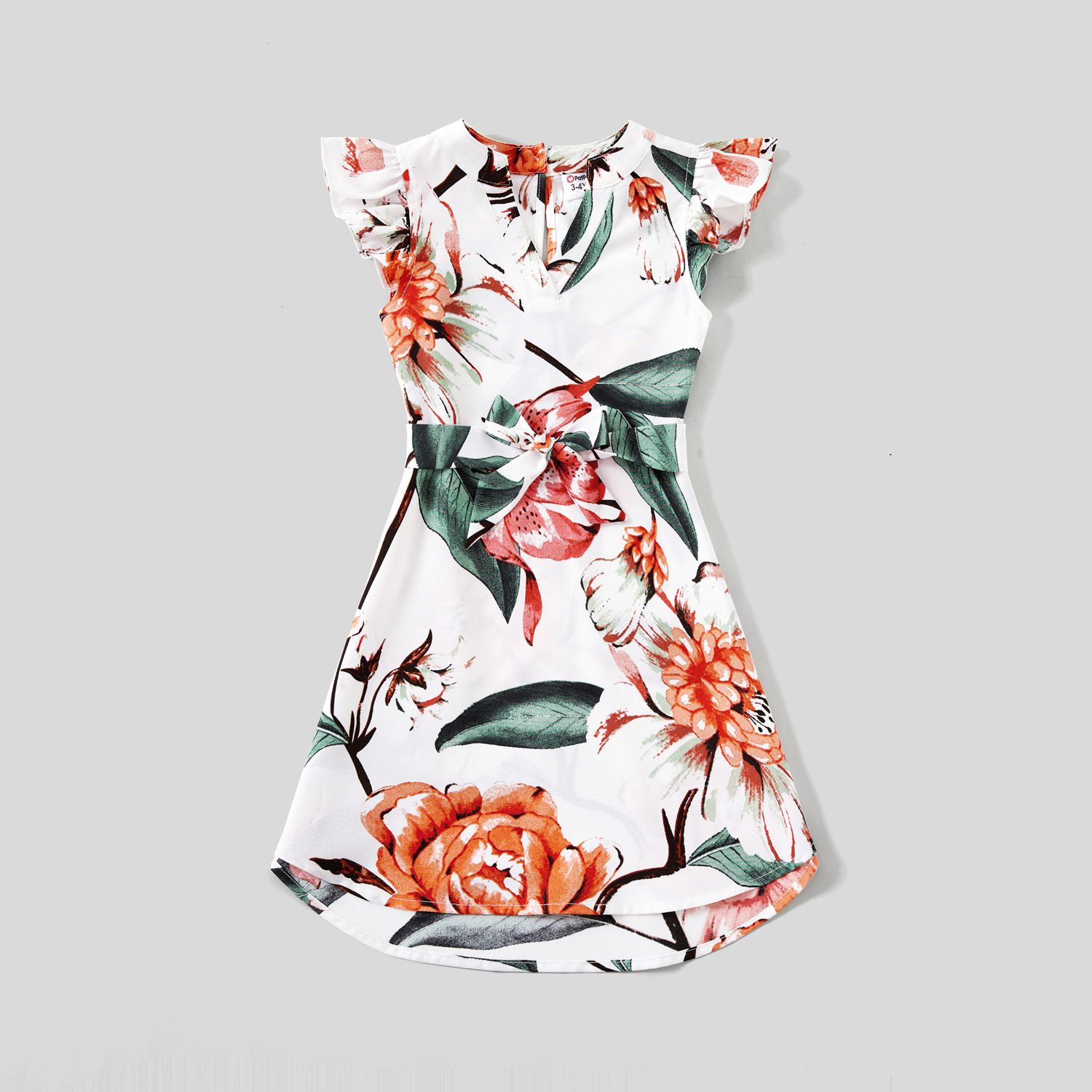Family  Matching  Flutter-sleeve  Allover Floral Dresses  And  Short-sleeve Spliced T-shirts Sets