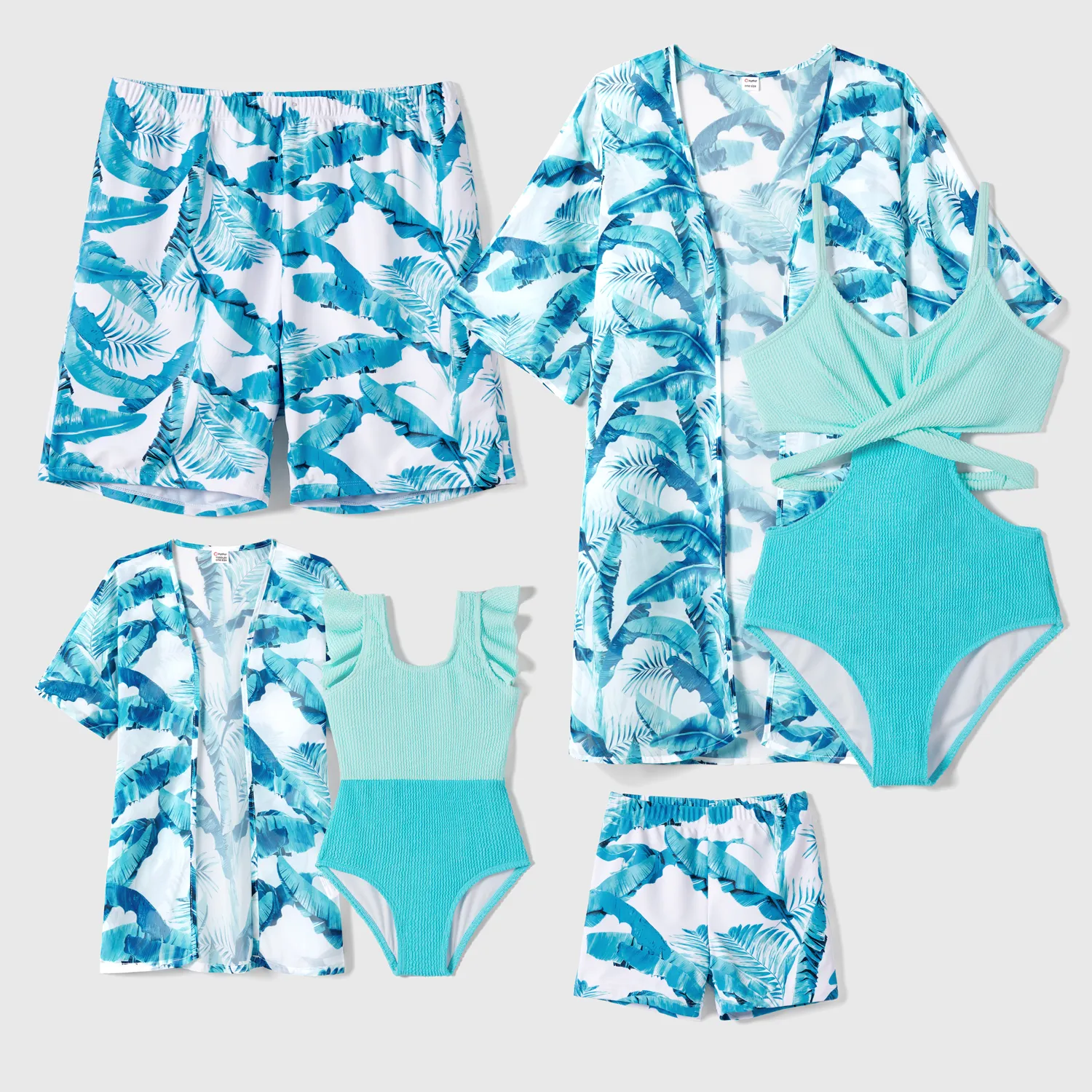 Family Matching Crisscross Front One-piece Swimsuit or Plant Print Swim Trunks Shorts Mintblue image 6