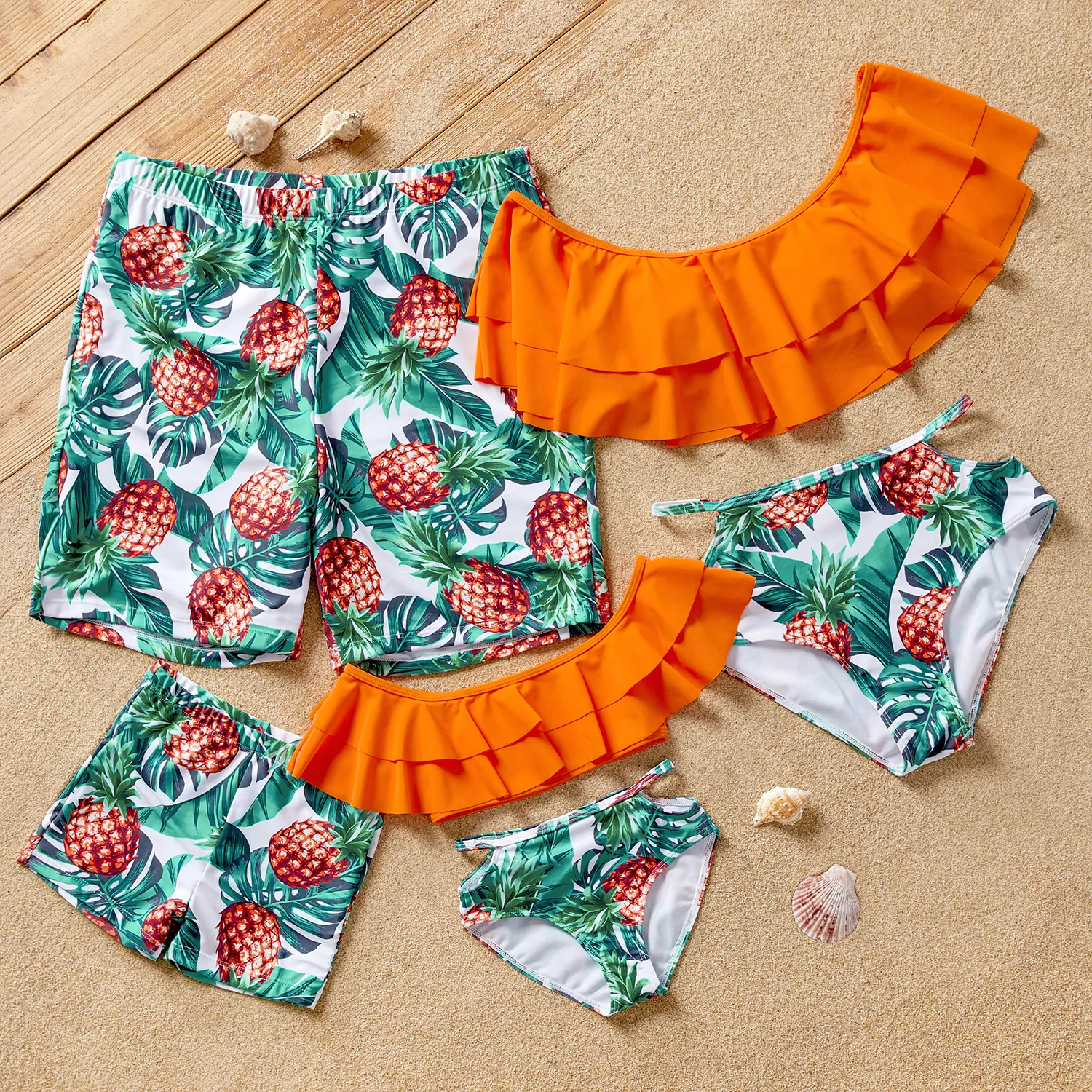 Family Matching Pineapple Print Ruffled Two-piece Swimsuit or Swim Trunks Shorts
