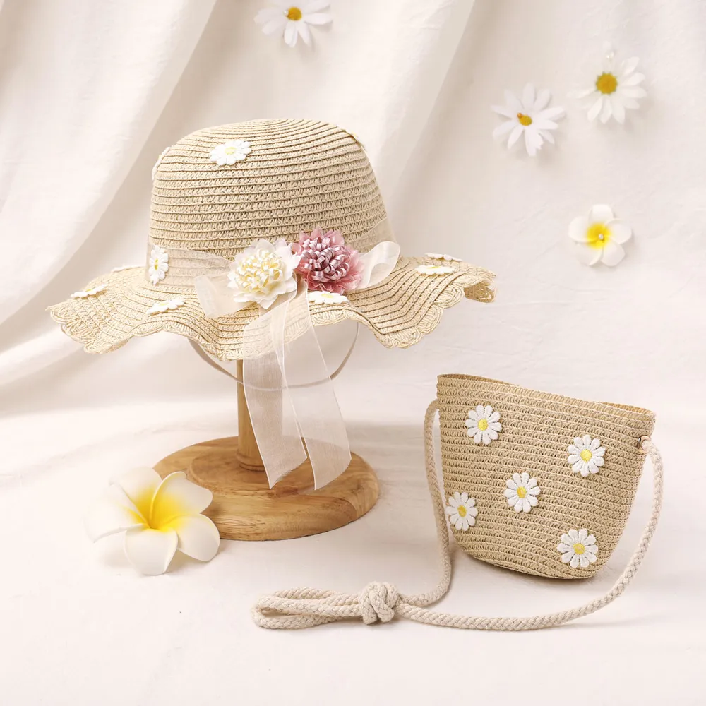 2pcs Toddler/Kid Girl Little Daisy Decor Hatband Straw Hat and Bag Set  big image 3