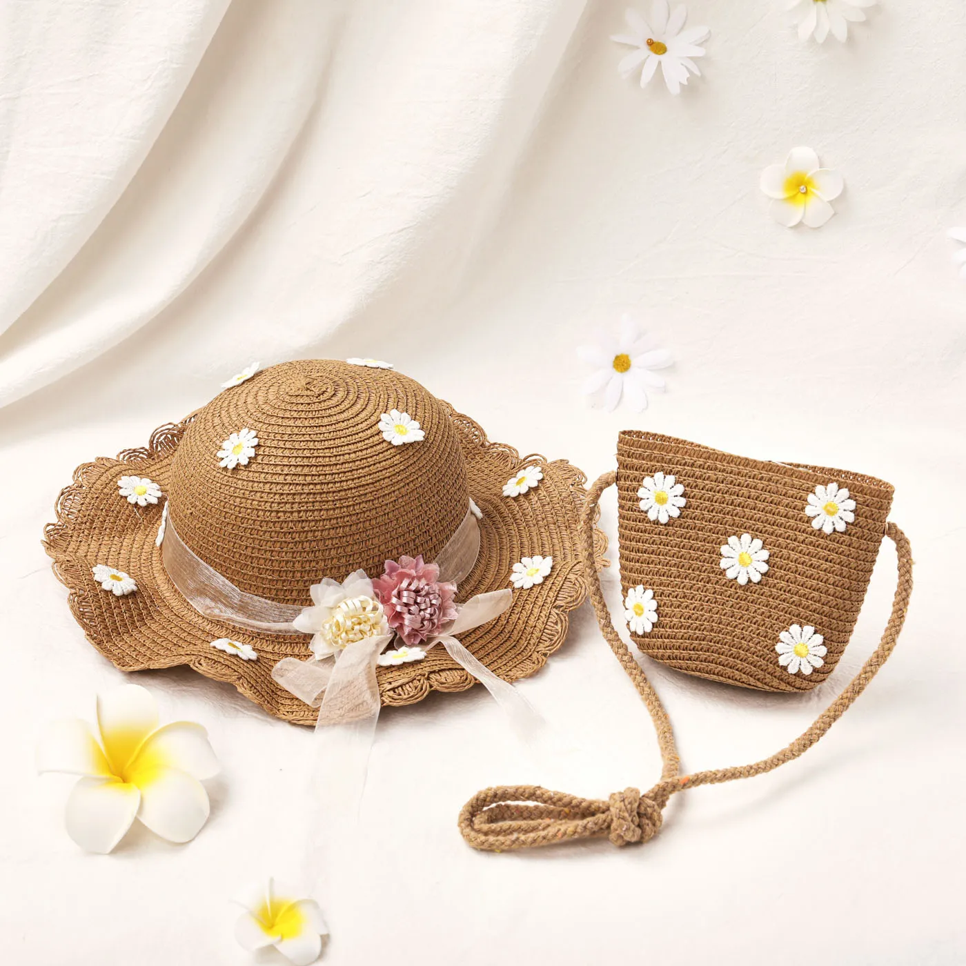2pcs Toddler/Kid Girl Little Daisy Decor Hatband Straw Hat and Bag Set Khaki