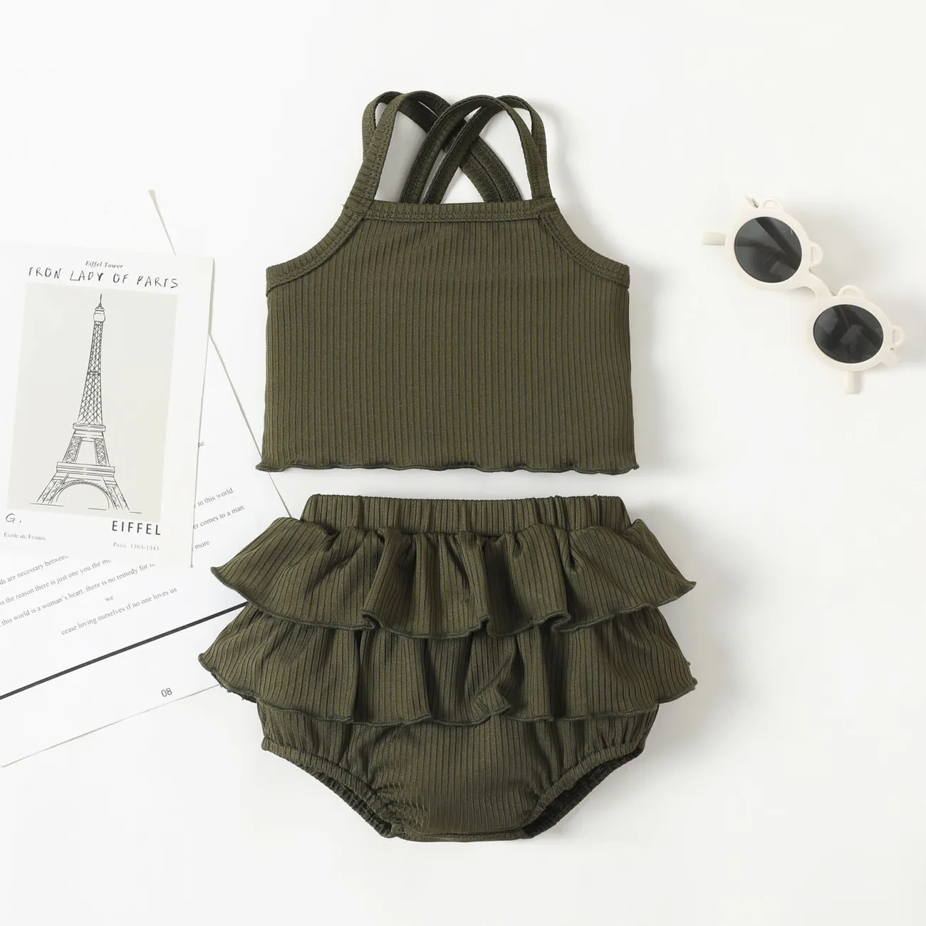 Green Two Tone Rib Knitted Shorts & Top Set