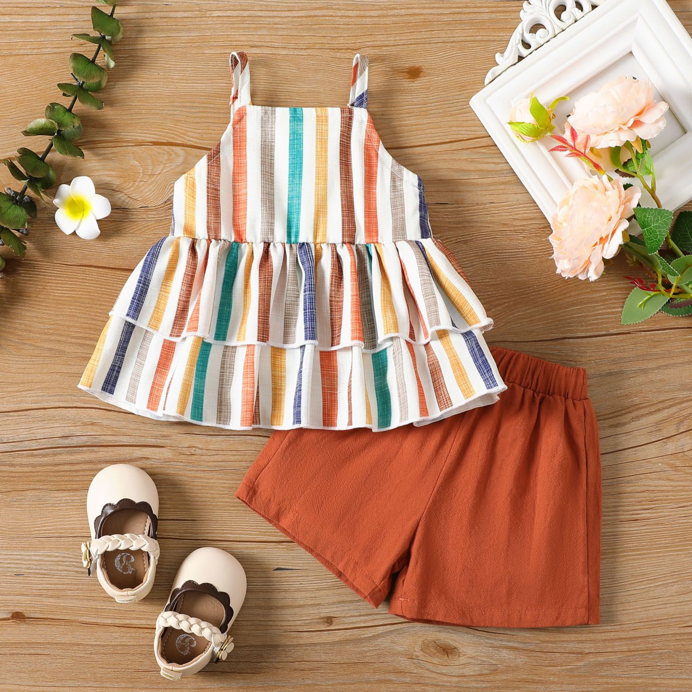 2pcs Baby Girl Colorful Stripe Ruffle Hem Camisole and 100% Cotton Solid Shorts Set