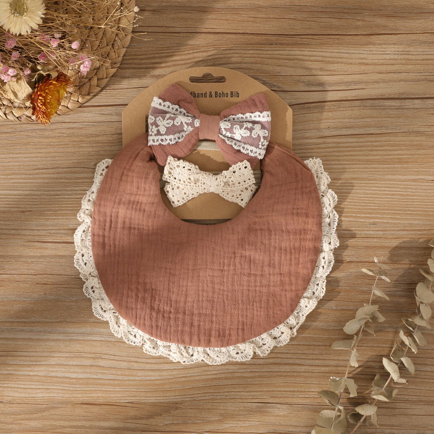 

2-pack 100% Cotton Baby Headband and a 100% Cotton Lace Water Towel Set (with Paper Jam)