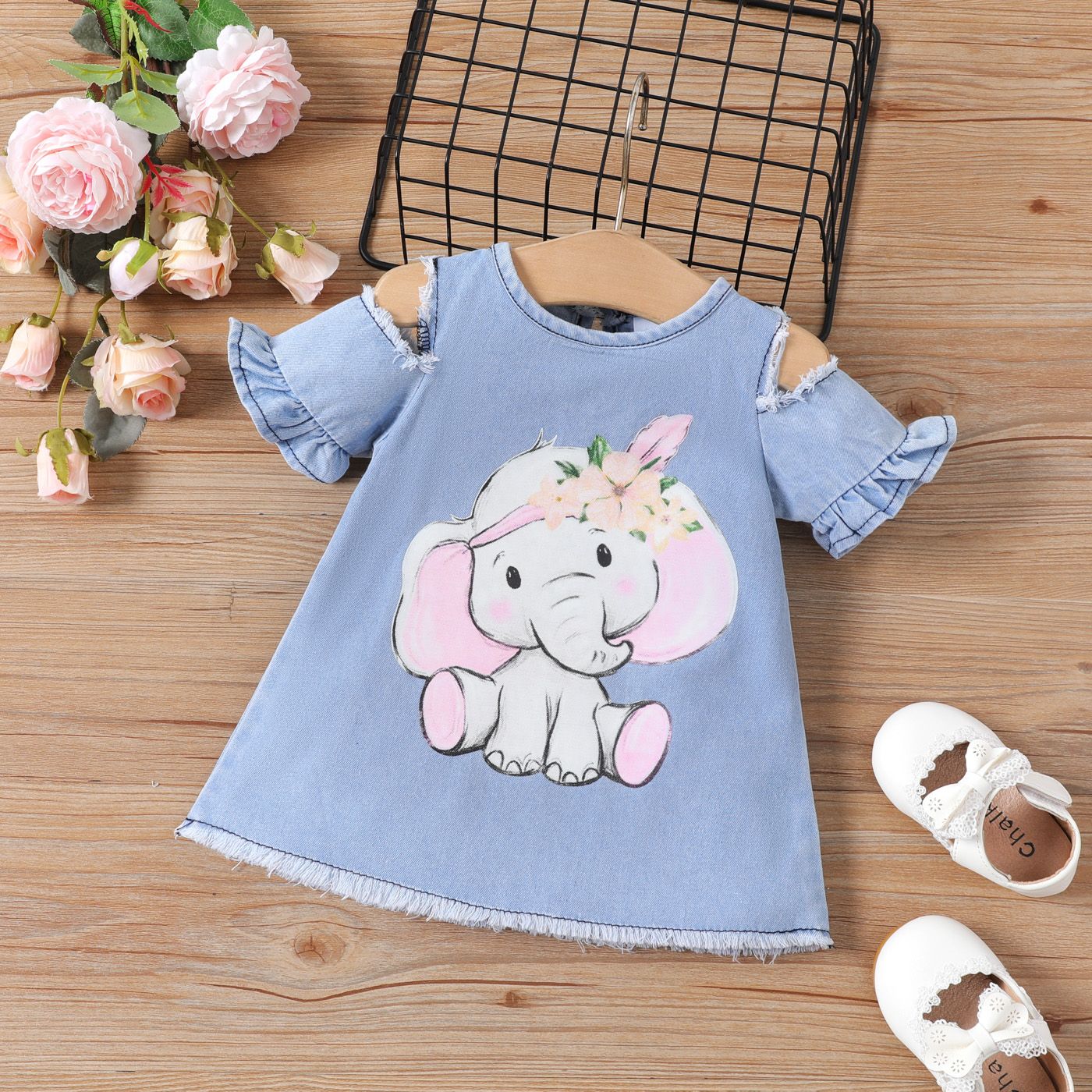 

Baby Girl 100% Cotton Elephant Print Cold Shoulder Dress