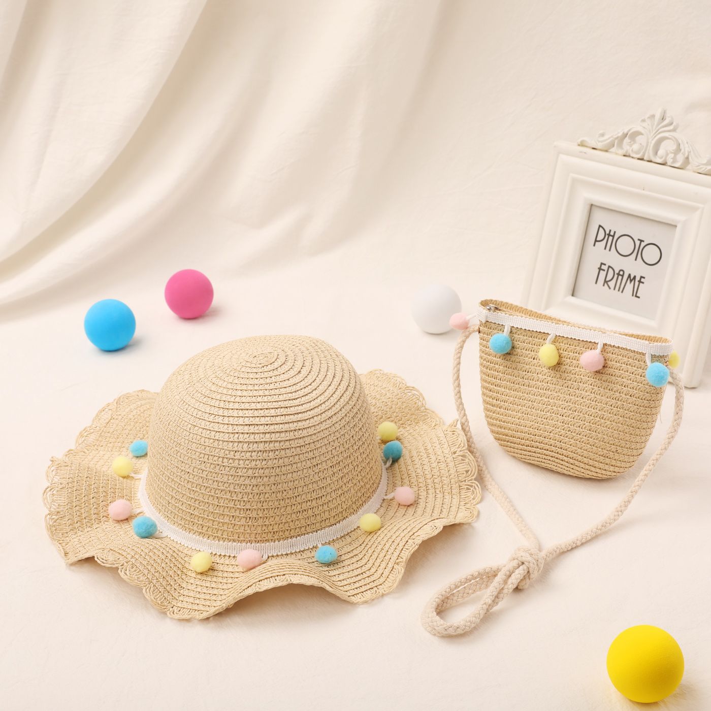 

2-pack Toddler/Kid Girl Rainbow Light Beads Straw Hat and Bag Set