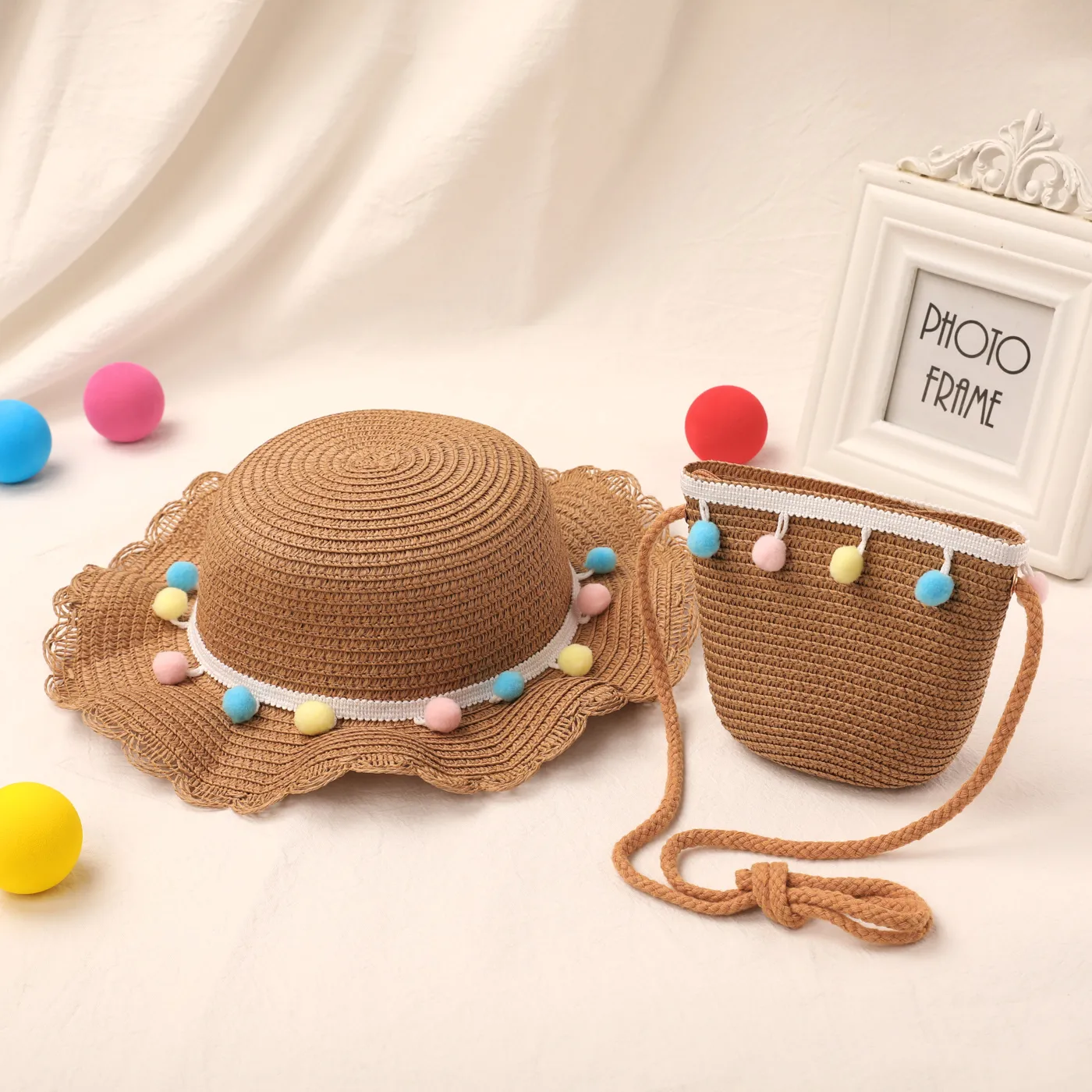 

2-pack Toddler/Kid Girl Rainbow Light Beads Straw Hat and Bag Set