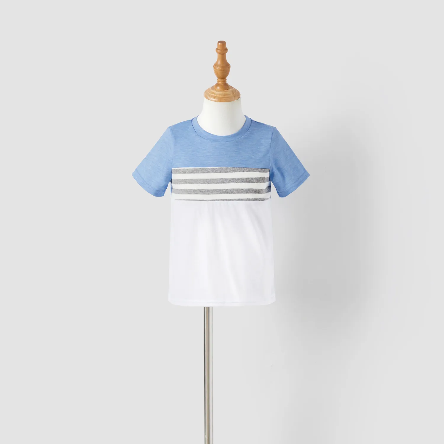 Family Matching Blue Swiss Dot Textured Halter Neck Sleeveless Dresses and Short-sleeve Striped Colorblock T-shirts Sets Light Blue image 6