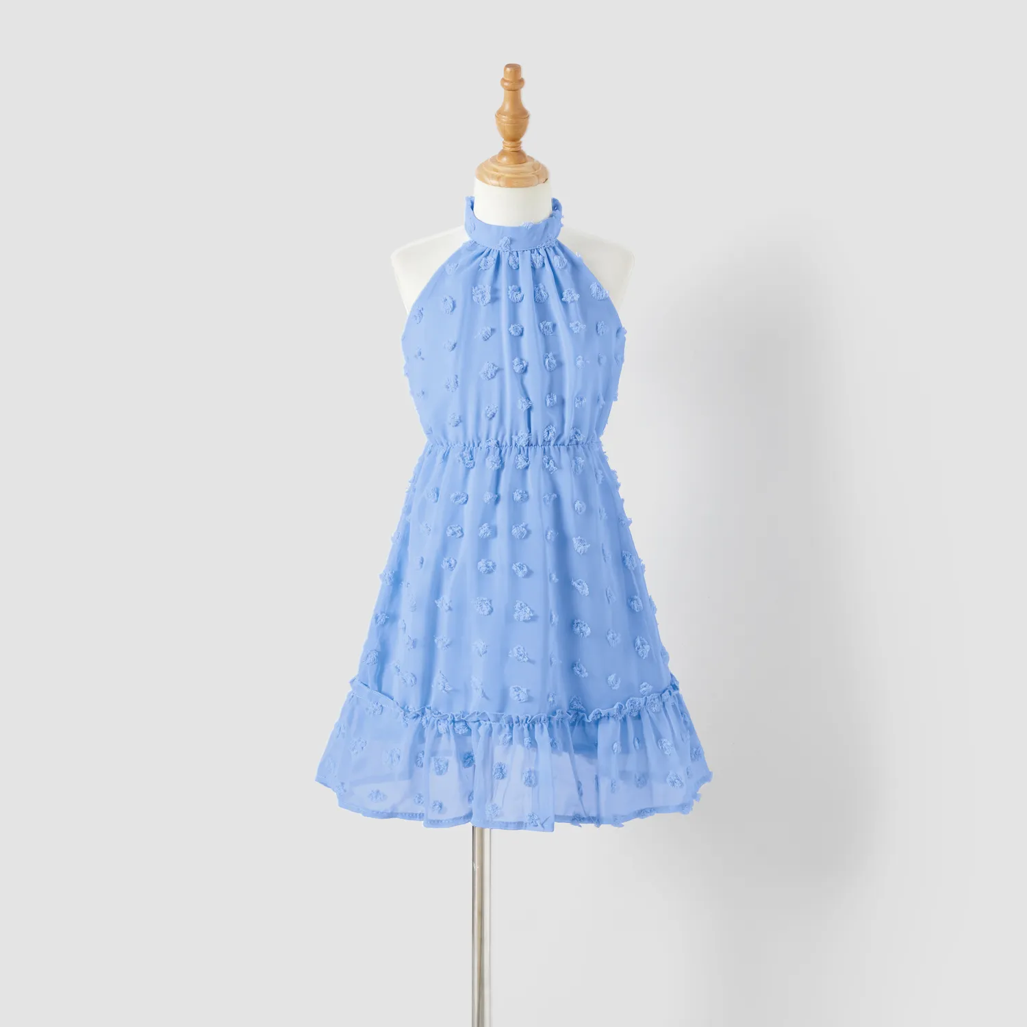 Family Matching Blue Swiss Dot Textured Halter Neck Sleeveless Dresses and Short-sleeve Striped Colo
