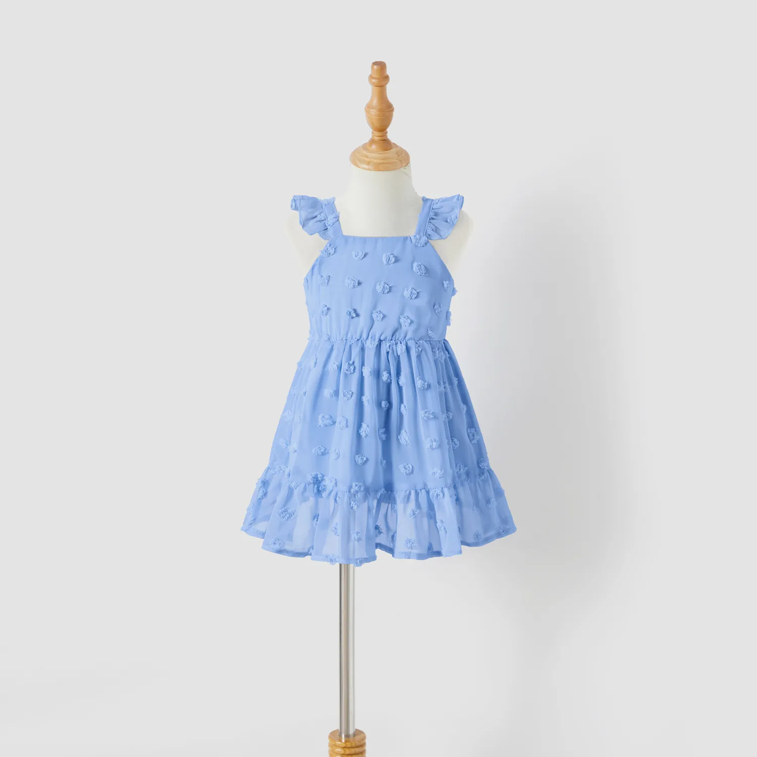 Family Matching Blue Swiss Dot Textured Halter Neck Sleeveless Dresses and Short-sleeve Striped Colorblock T-shirts Sets Light Blue big image 1