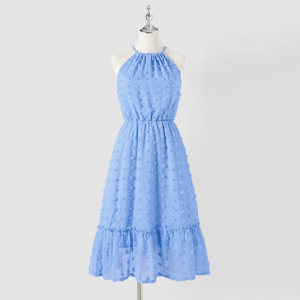 Family Matching Blue Swiss Dot Textured Halter Neck Sleeveless Dresses and Short-sleeve Striped Colorblock T-shirts Sets big image 14