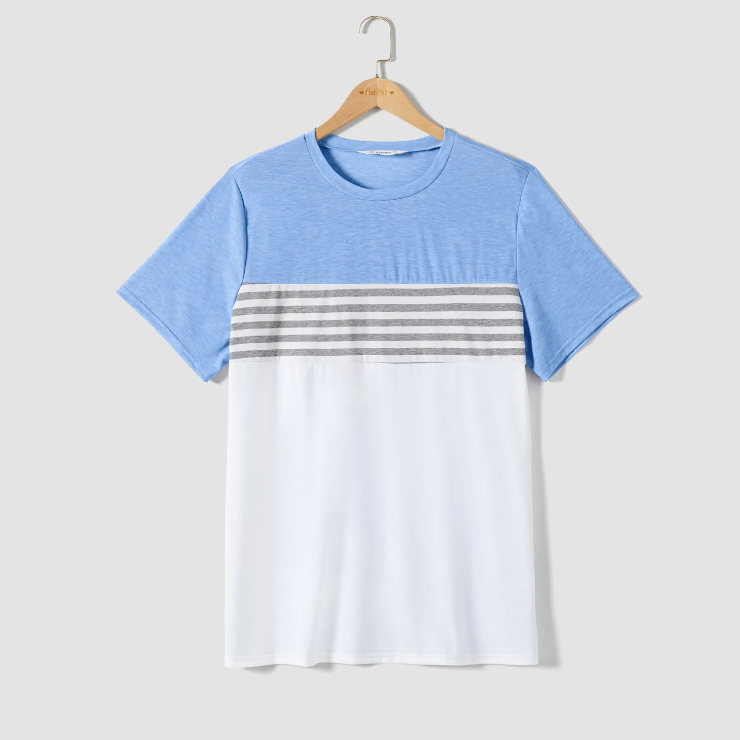Family Matching Blue Swiss Dot Textured Halter Neck Sleeveless Dresses and Short-sleeve Striped Colorblock T-shirts Sets  big image 15