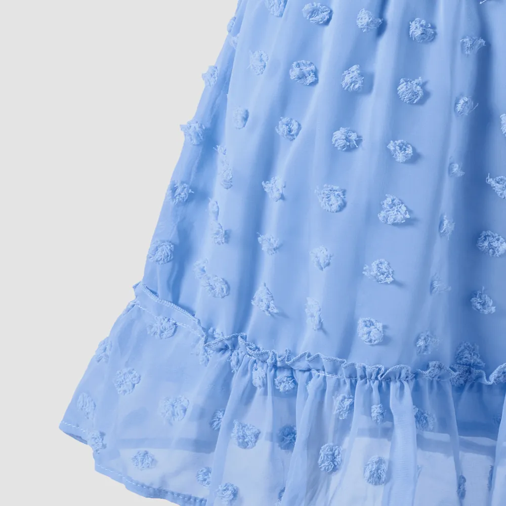 Family Matching Blue Swiss Dot Textured Halter Neck Sleeveless Dresses and Short-sleeve Striped Colorblock T-shirts Sets big image 5