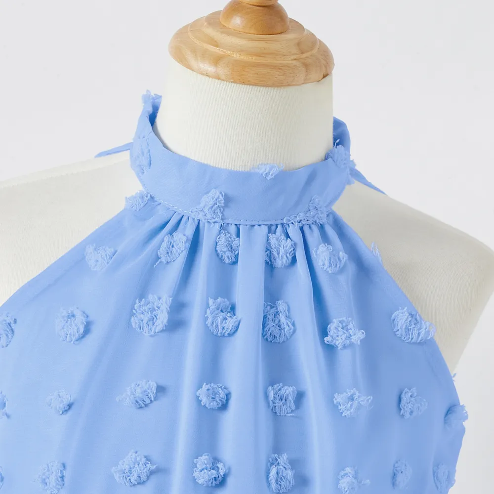 Family Matching Blue Swiss Dot Textured Halter Neck Sleeveless Dresses and Short-sleeve Striped Colorblock T-shirts Sets big image 11