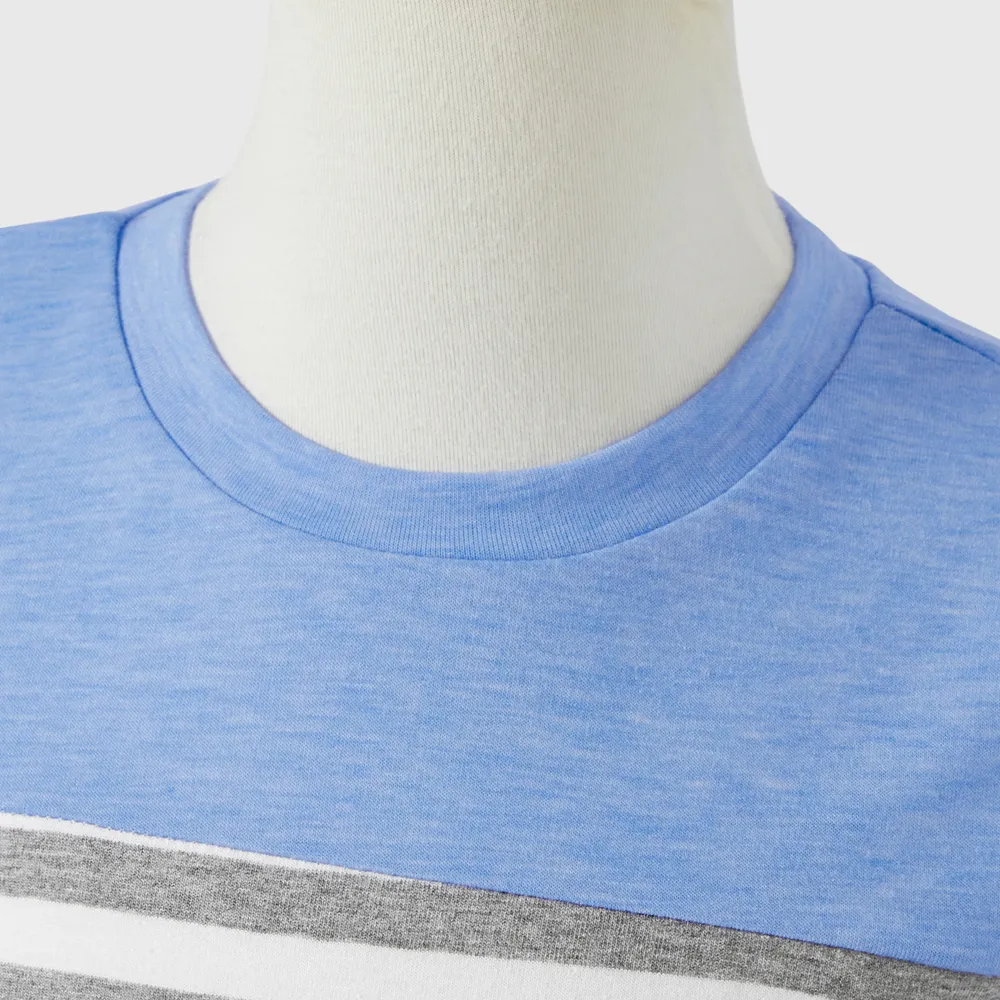 Family Matching Blue Swiss Dot Textured Halter Neck Sleeveless Dresses and Short-sleeve Striped Colorblock T-shirts Sets big image 7
