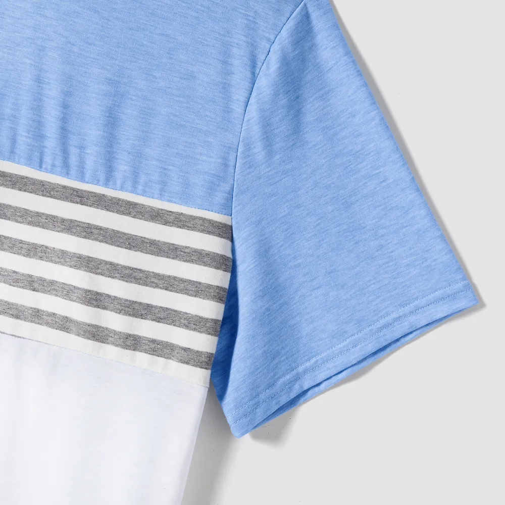 Family Matching Blue Swiss Dot Textured Halter Neck Sleeveless Dresses and Short-sleeve Striped Colorblock T-shirts Sets big image 9