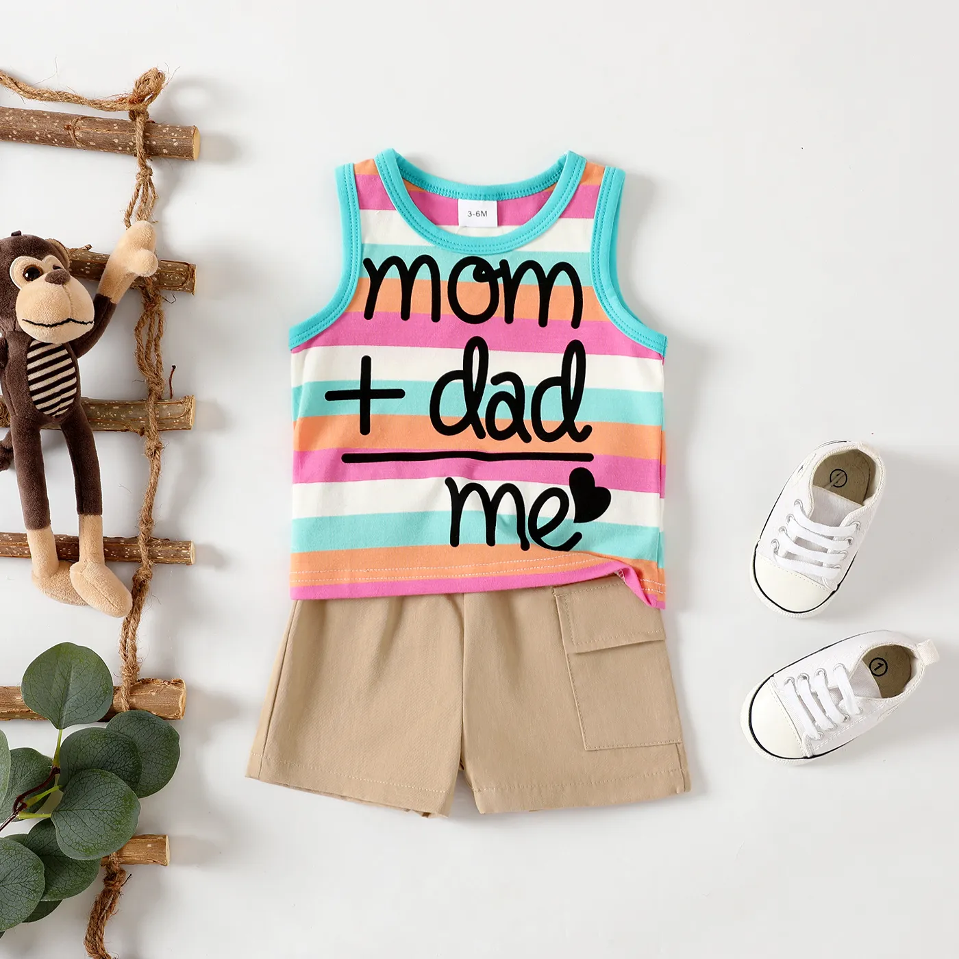 2pcs Baby Boy 95% Cotton Slogan Striped Tank Top and 100% Cotton Cargo Shorts Set  image 2
