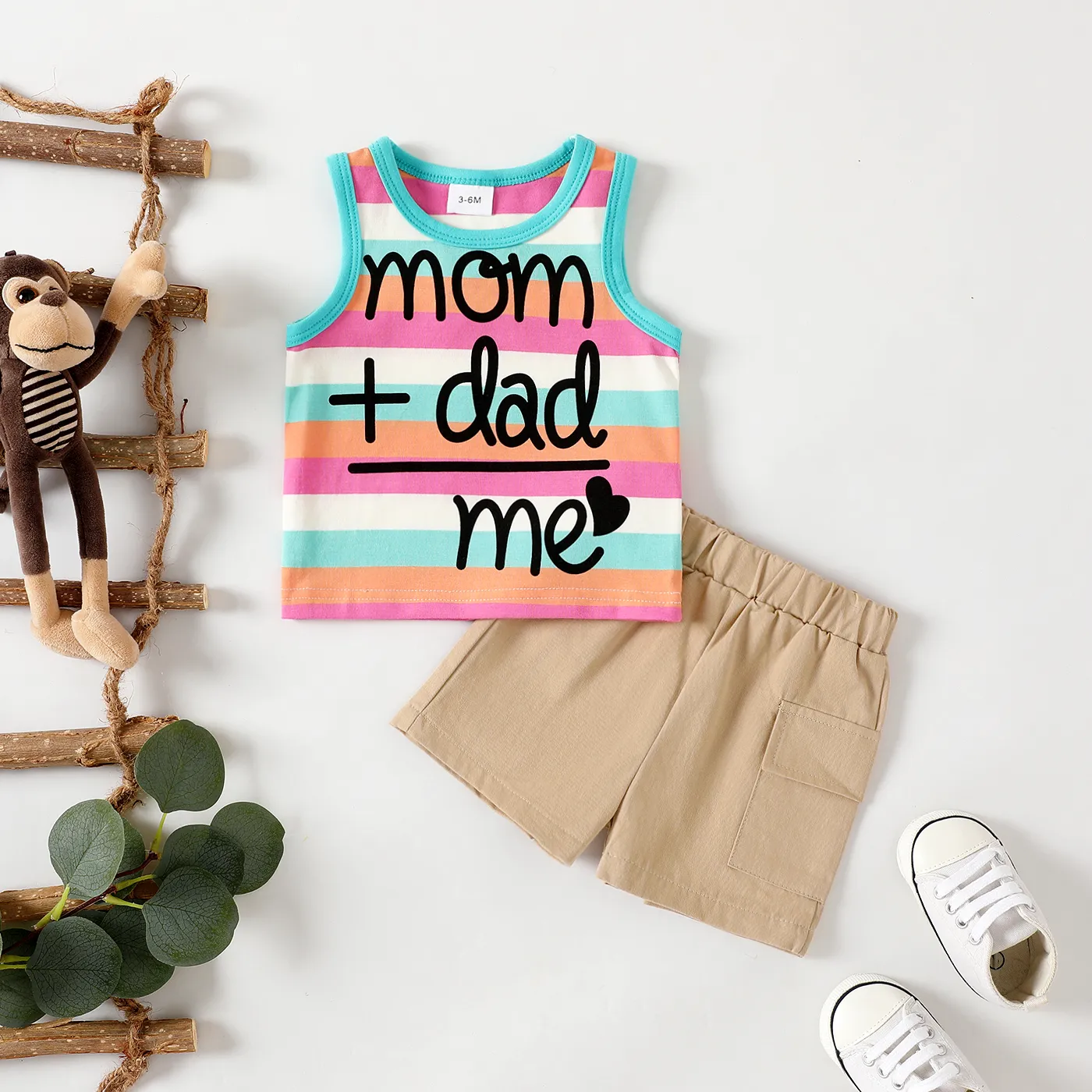 2pcs Baby Boy 95% Cotton Slogan Striped Tank Top and 100% Cotton Cargo Shorts Set  image 3