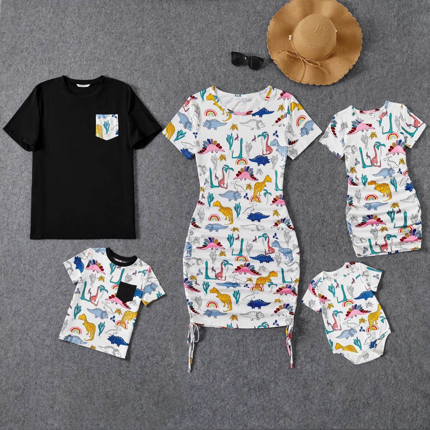 Famille Matching Dinosaur Print Cordon De Serrage Côté Ruched Robes à Manches Courtes Et Patch Pocket Manches Courtes T-shirts Ensembles