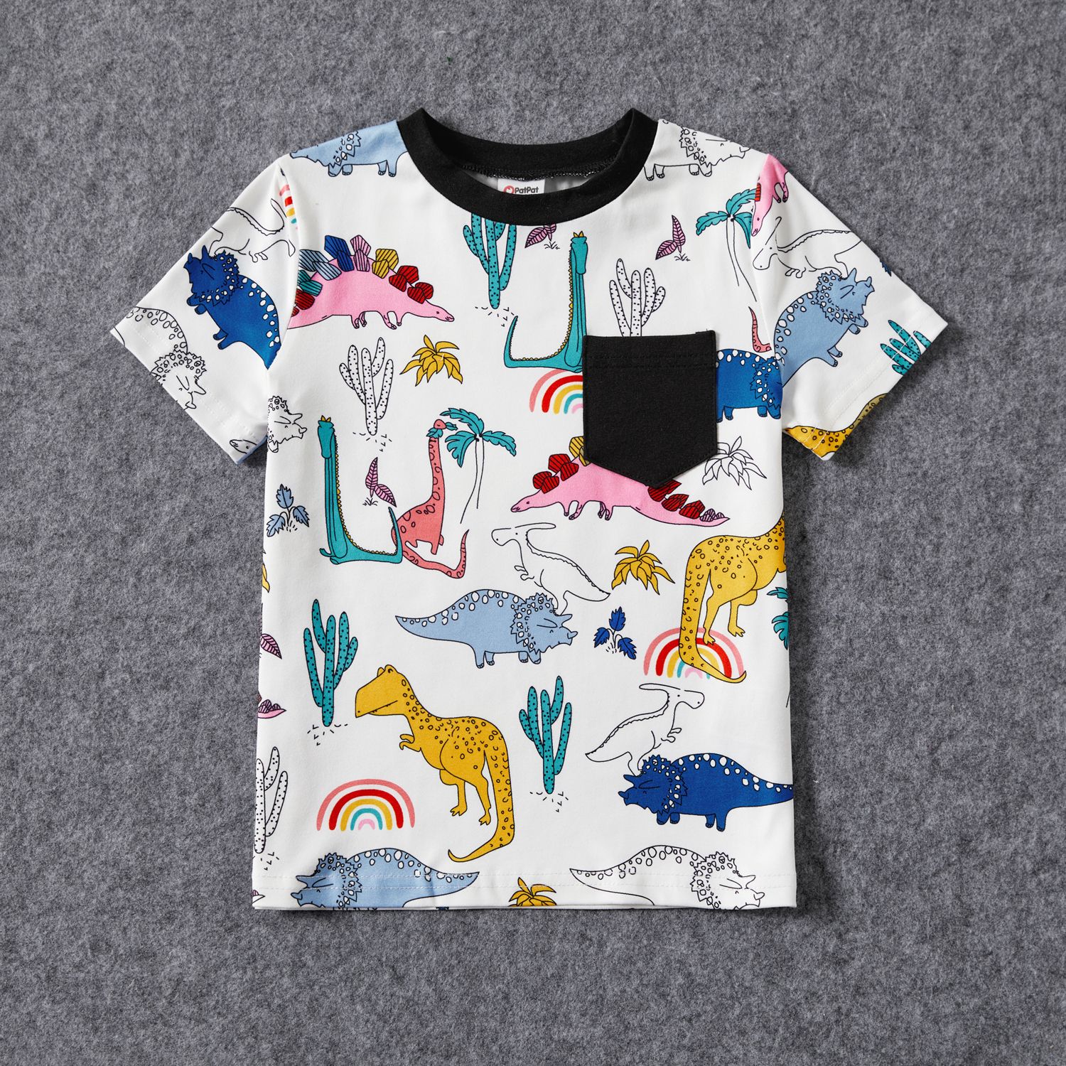 Family Matching Dinosaur Print Drawstring Ruched Side Short-sleeve Dresses And Patch Pocket Short-sleeve T-shirts Sets