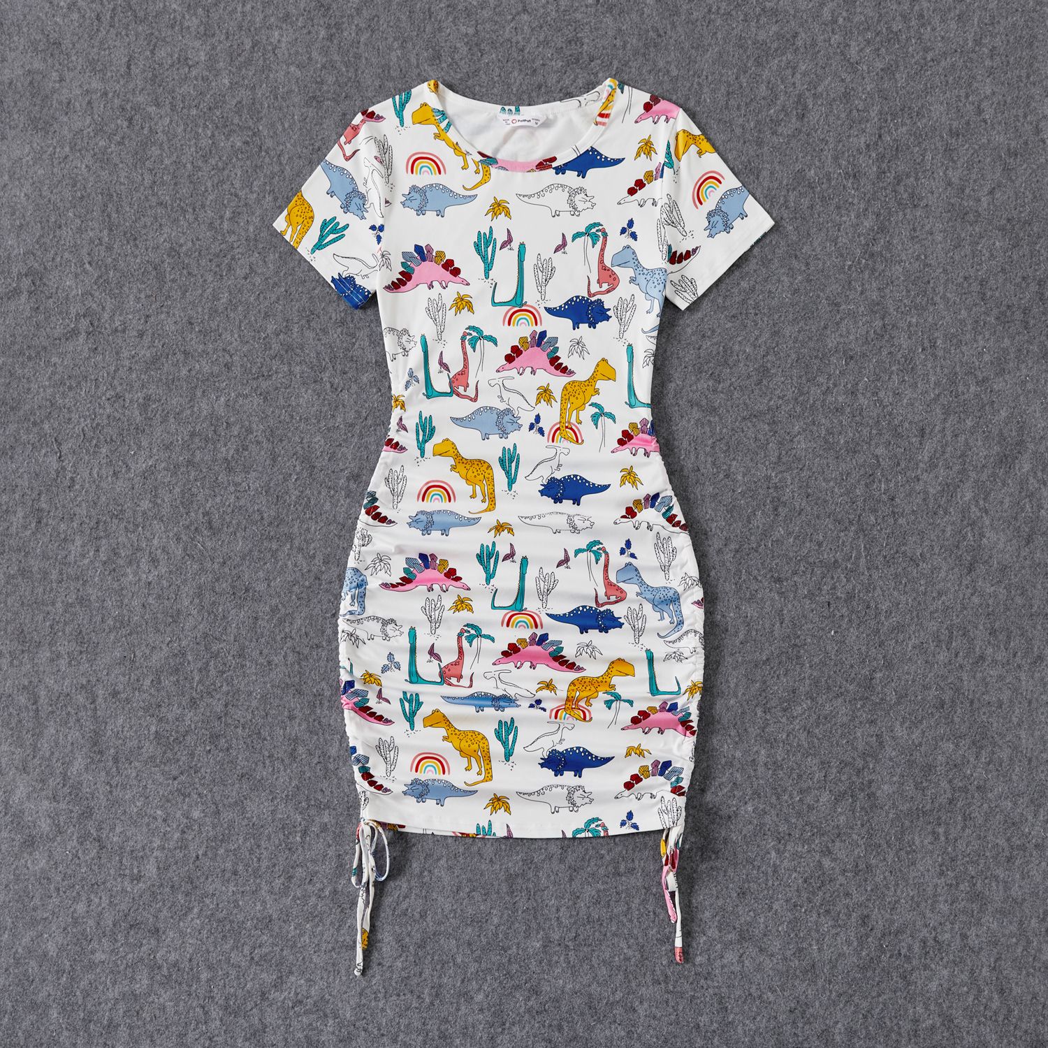 Family Matching Dinosaur Print Drawstring Ruched Side Short-sleeve Dresses And Patch Pocket Short-sleeve T-shirts Sets