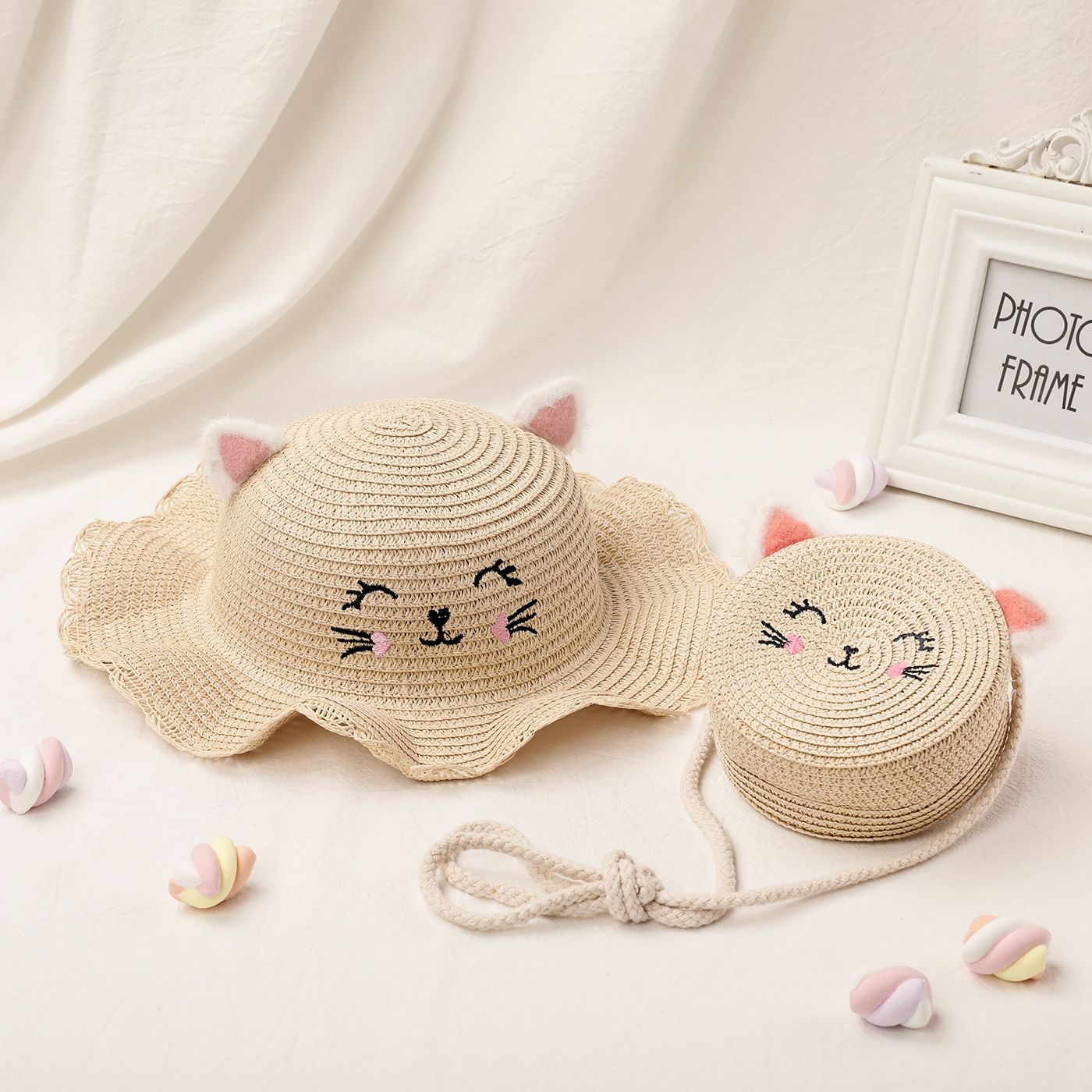 

2-pack Toddler/Kid Girl Cat Pattern Straw Hat and Bag Set