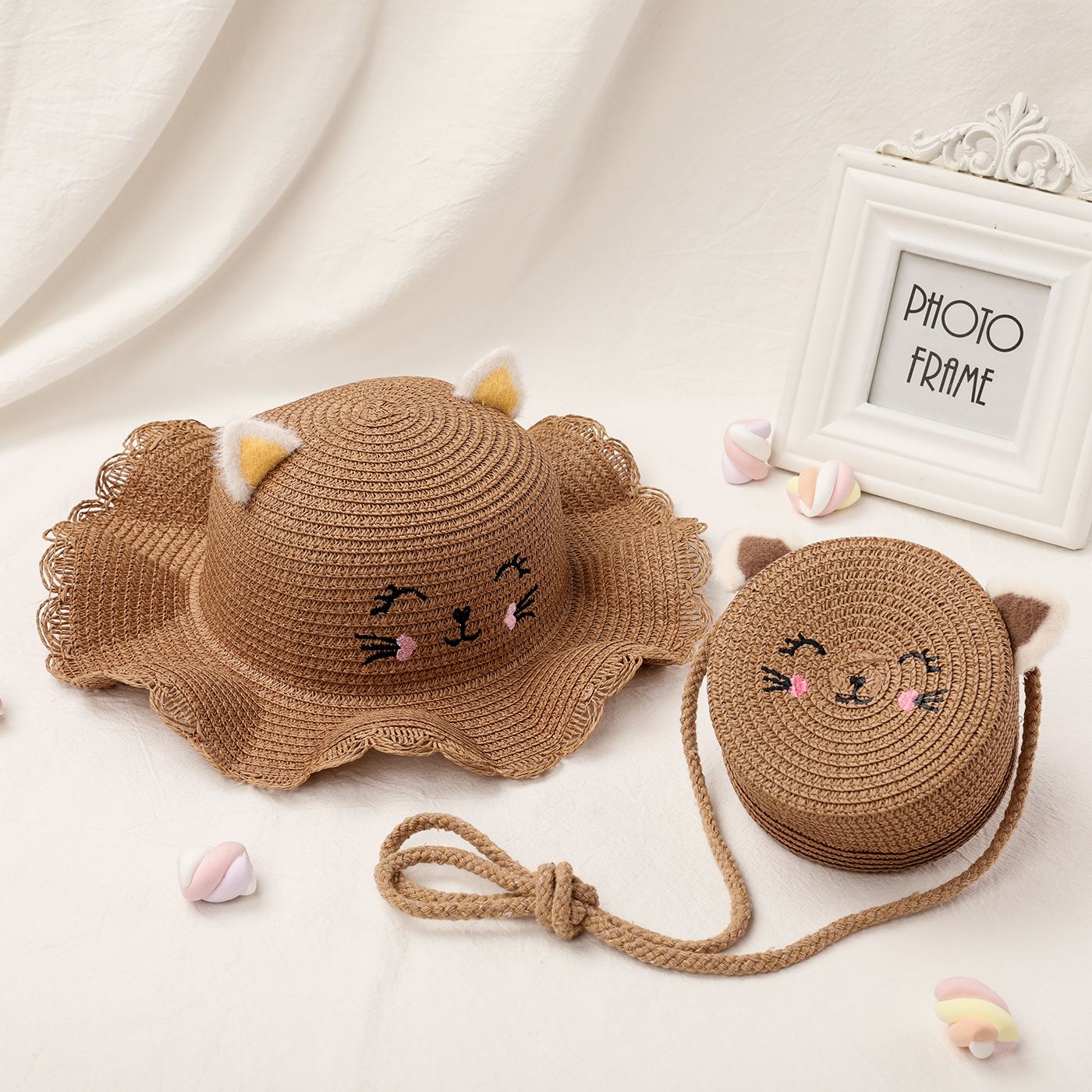 

2-pack Toddler/Kid Girl Cat Pattern Straw Hat and Bag Set