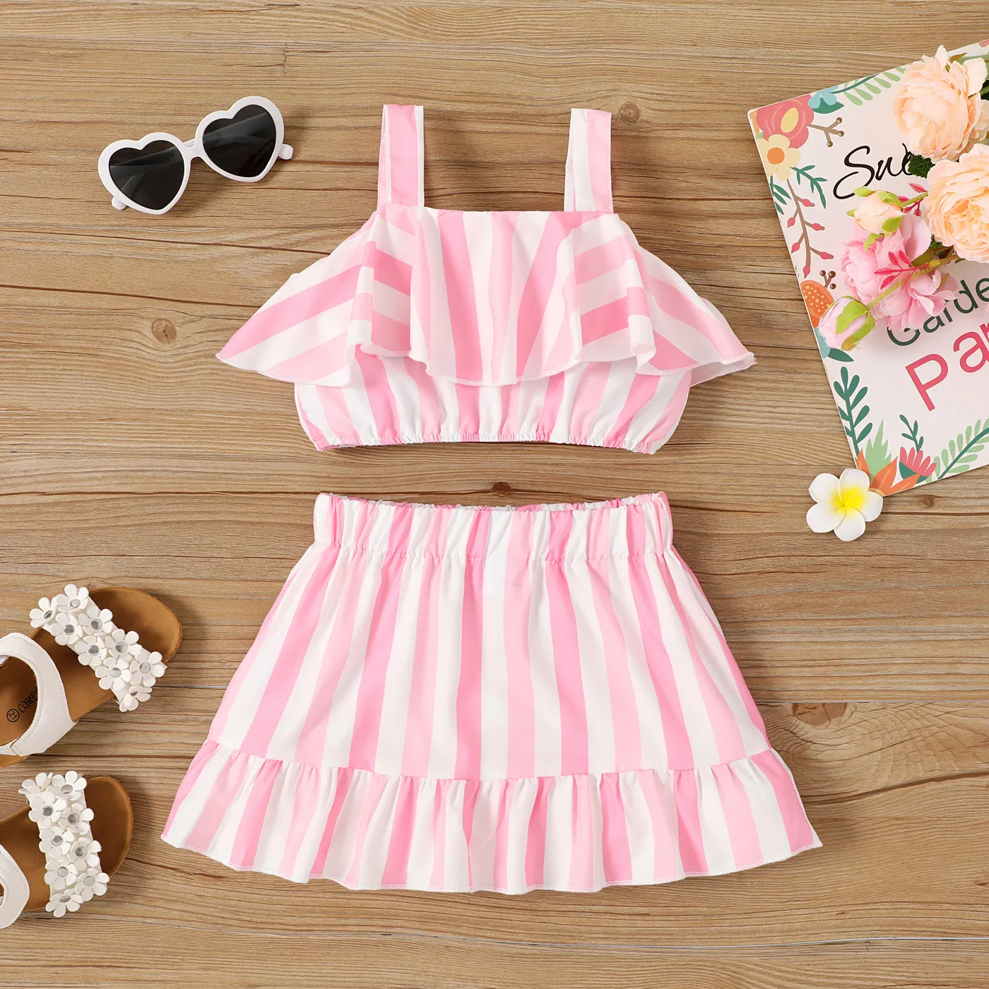 2pcs Toddler Girl Stripe Ruffled Cami Top and Skirt Set  image 2