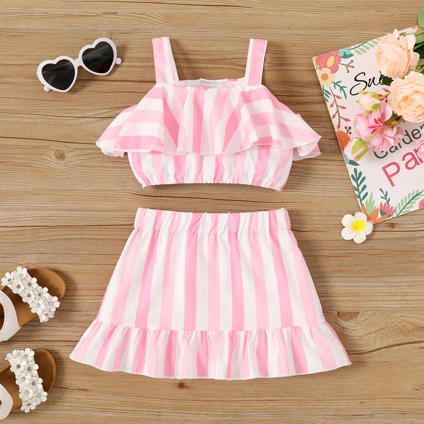 2pcs Toddler Girl Stripe Ruffled Cami Top and Skirt Set  big image 1