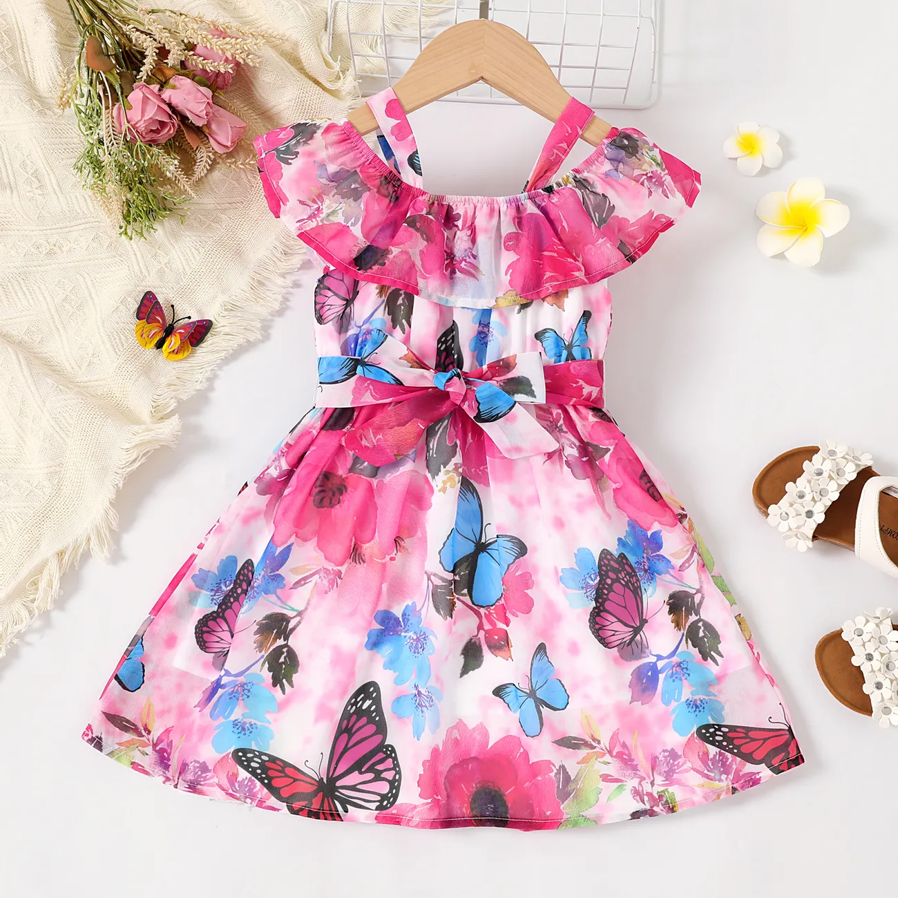 Toddler Girl Allover Butterfly Print Ruffle Strappy Belted Dress  big image 1