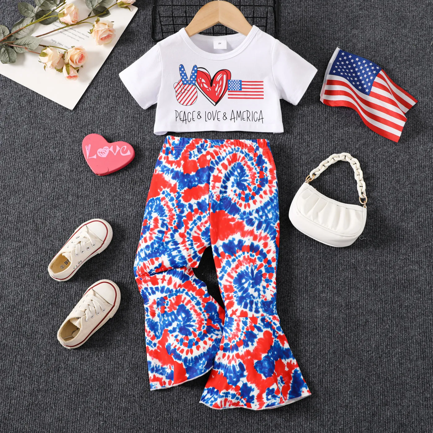 Independence Day 2pcs Toddler Girl Short-sleeve Print Tee and Tie Dye Flared Pants Set White big image 1