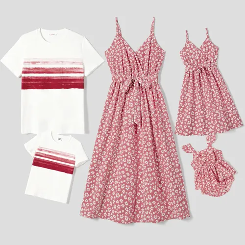 Family Matching Allover Floral Print Belted Slip Dresses and Striped Short-sleeve Cotton T-shirts Sets