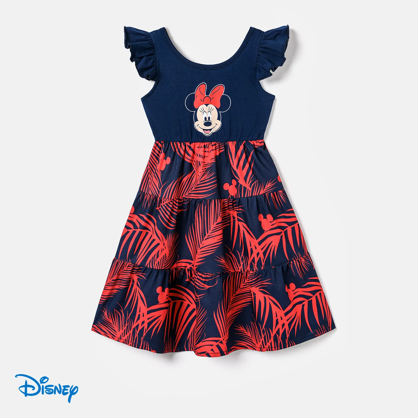 Disney Mickey And Friends Family Matching Plant Print Splice Ruffled Cami Dresses And Striped Cotton Short-sleeve T-shirts Sets