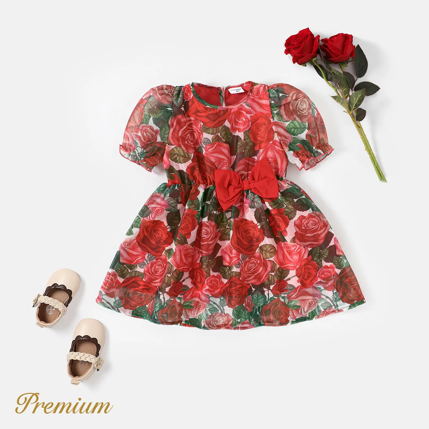 Toddler Girl Allover Rose Print Bow Decor Short-sleeve Dress  big image 1