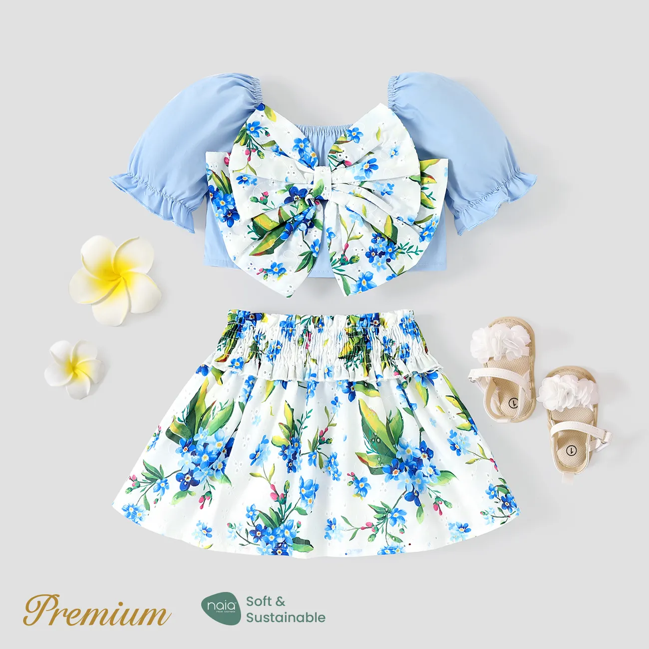 2pcs Baby Girl 100% Cotton Floral Print Big Bow Front Top and Smocked Skirt Set  big image 1